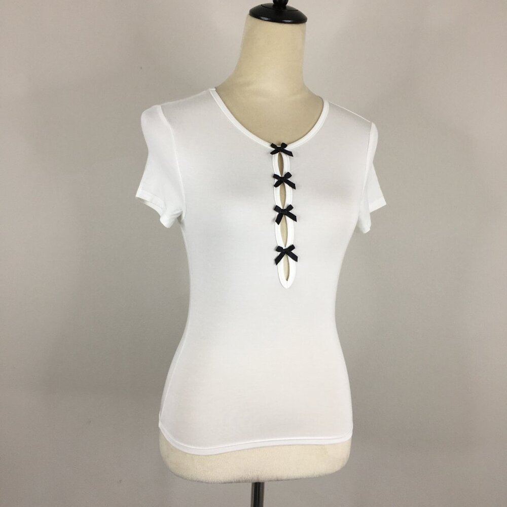 PRINCESS POLLY Short Sleeve White Black Bow Mini Cut Outs Stretch Fitted Shirt